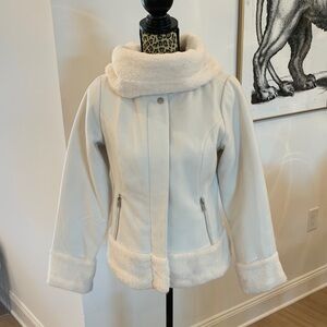 Isaac Mizrahi Cream Cropped Teddy Jacket with Faux Fur Trim
